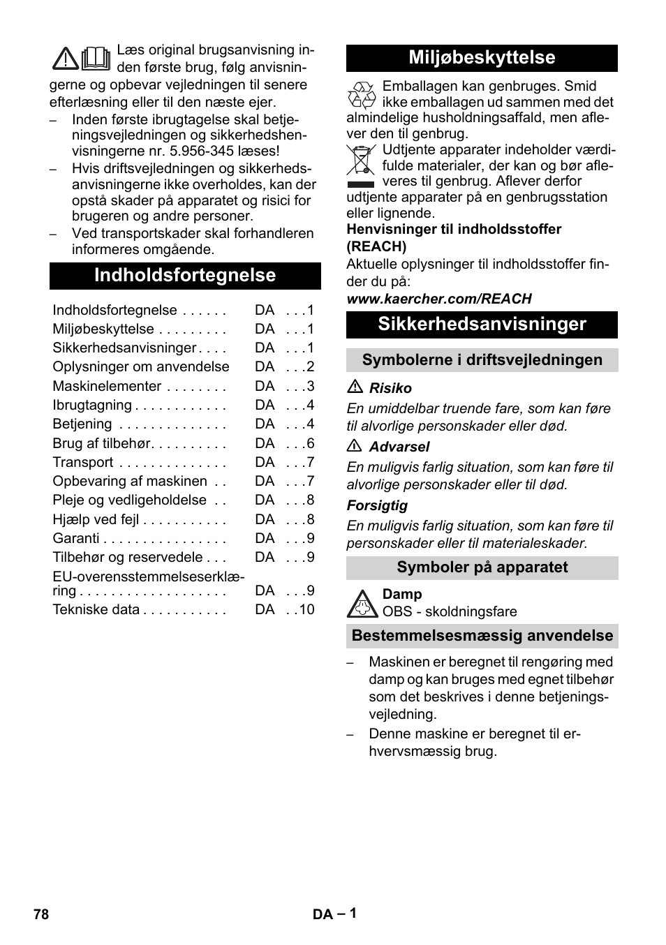 Dansk, Indholdsfortegnelse, Miljøbeskyttelse sikkerhedsanvisninger | Karcher DE 4002 EU User Manual | Page 78 / 254