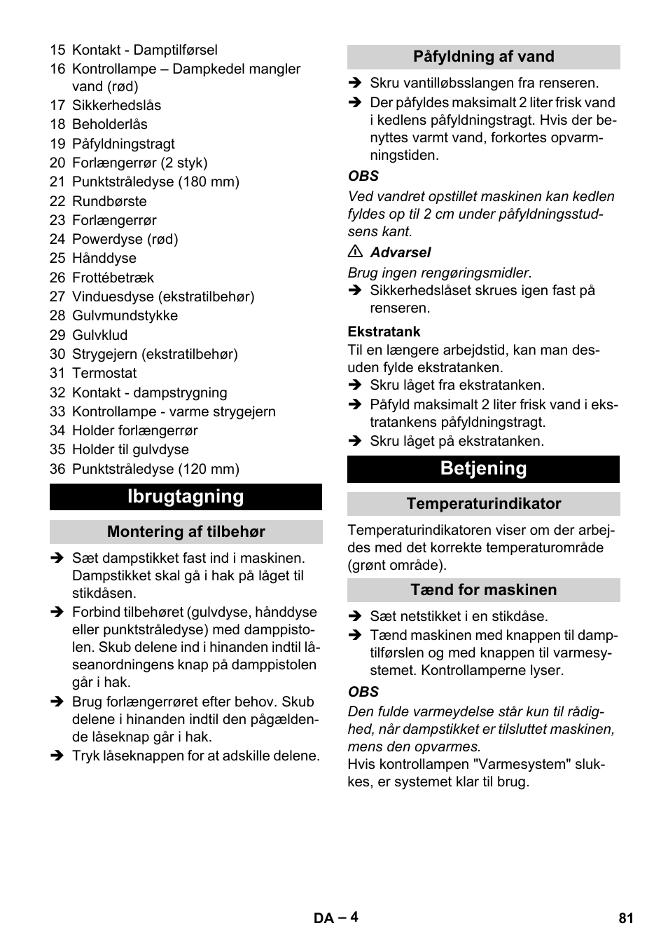 Ibrugtagning, Betjening | Karcher DE 4002 EU User Manual | Page 81 / 254
