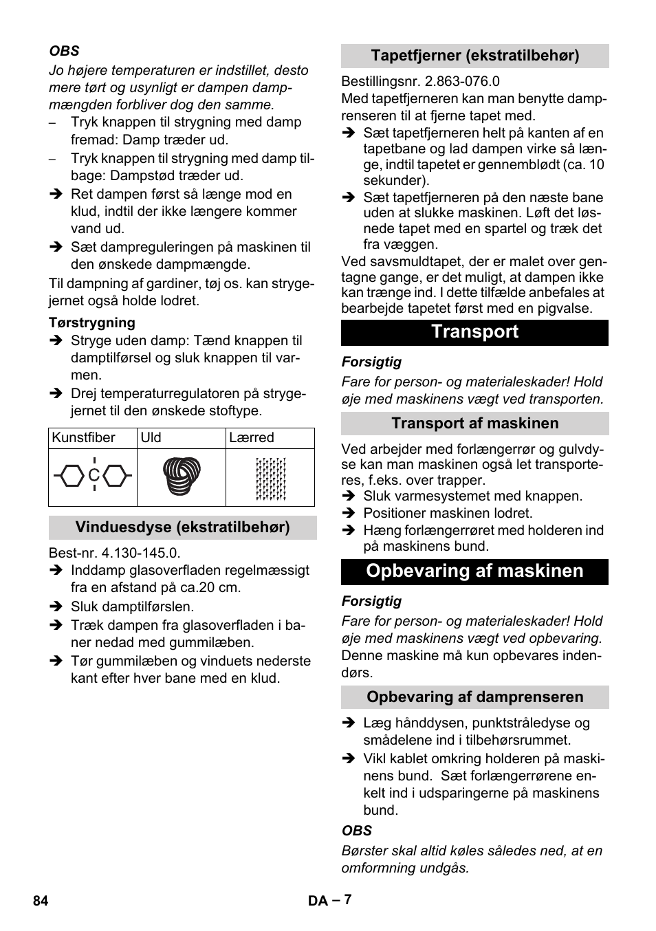 Transport, Opbevaring af maskinen | Karcher DE 4002 EU User Manual | Page 84 / 254