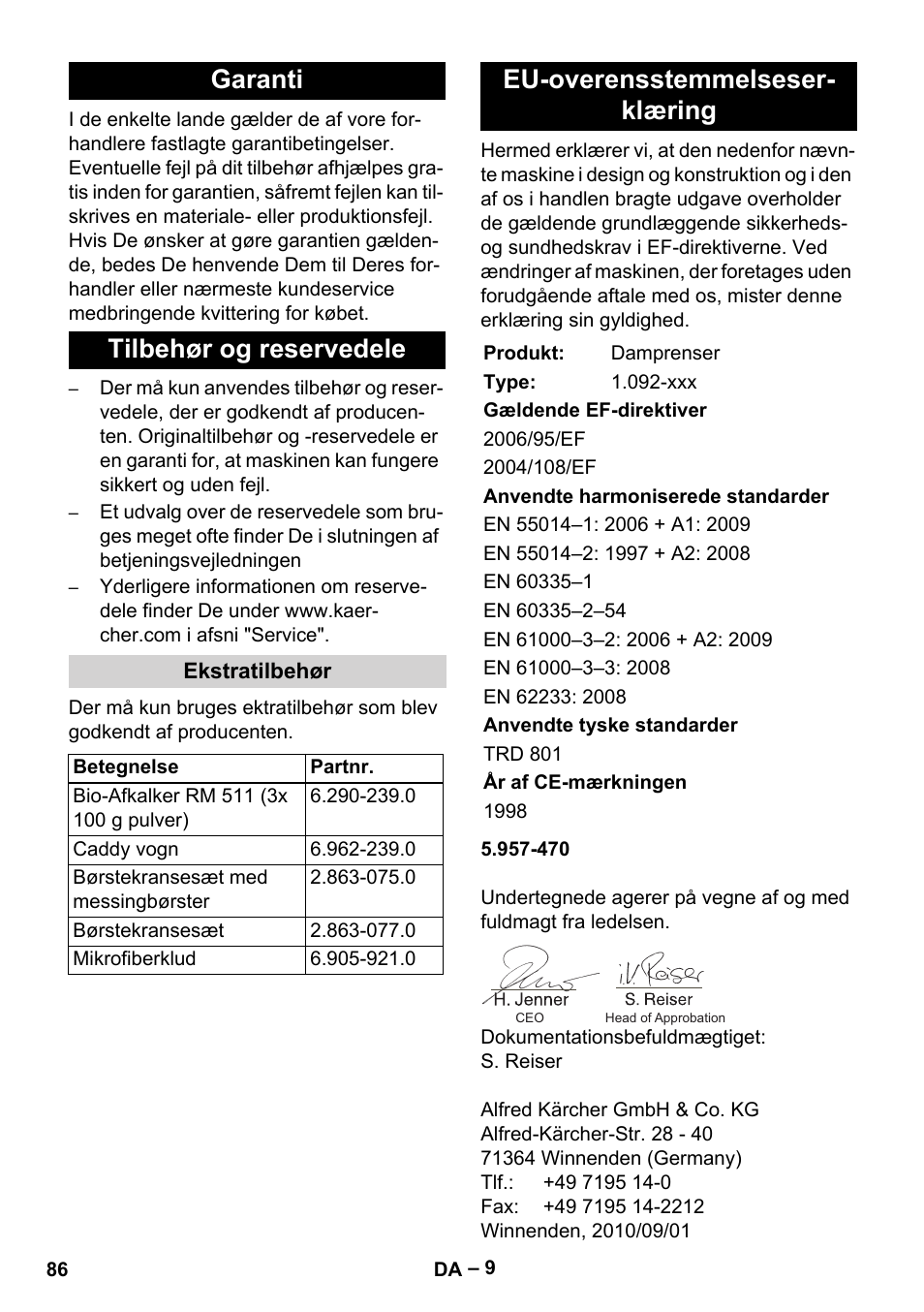 Garanti tilbehør og reservedele, Eu-overensstemmelseser- klæring | Karcher DE 4002 EU User Manual | Page 86 / 254