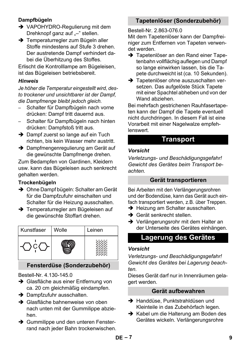 Transport, Lagerung des gerätes | Karcher DE 4002 EU User Manual | Page 9 / 254