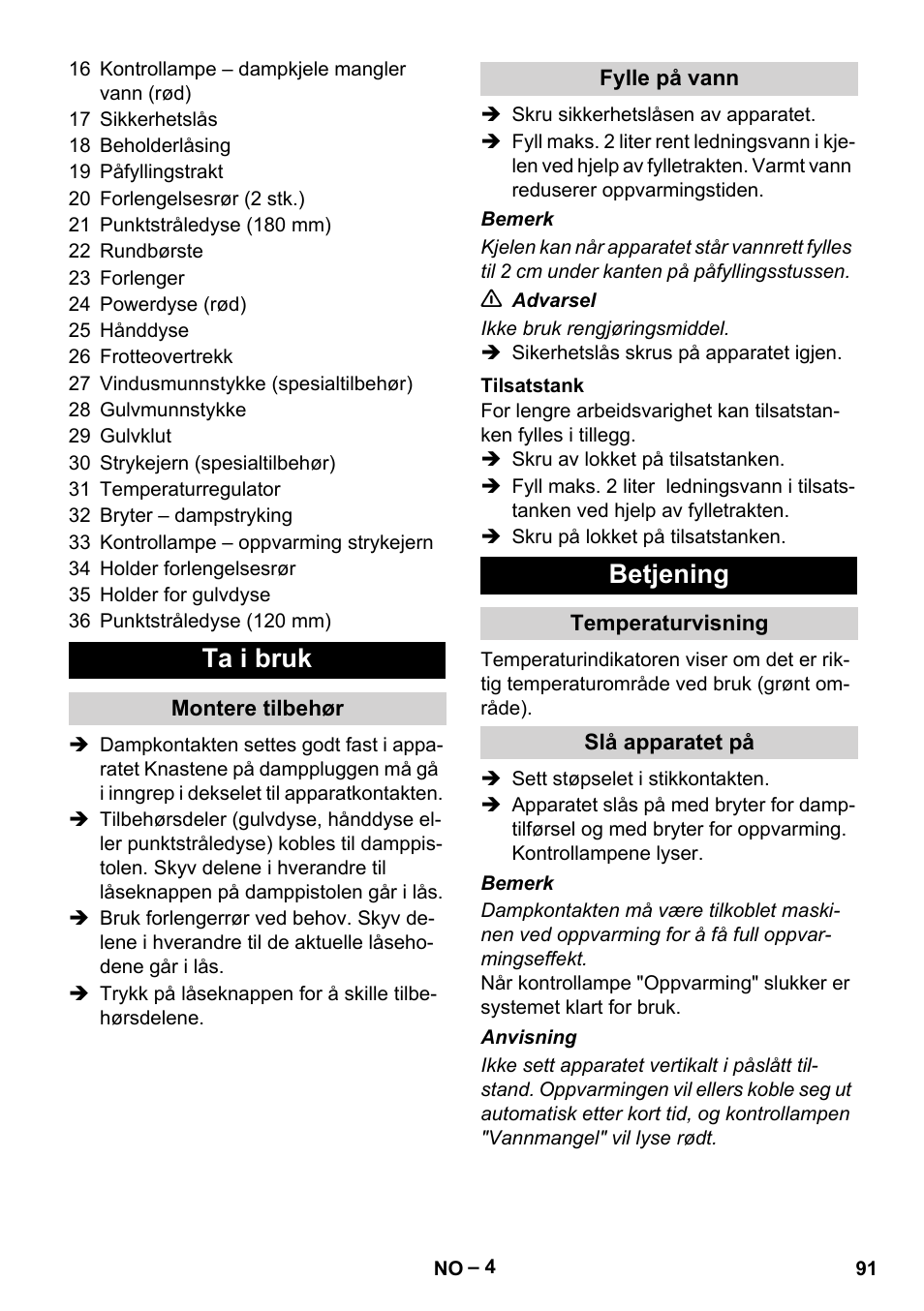 Ta i bruk, Betjening | Karcher DE 4002 EU User Manual | Page 91 / 254