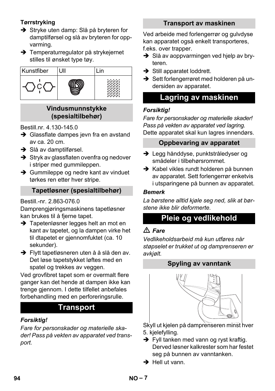 Transport, Lagring av maskinen, Pleie og vedlikehold | Karcher DE 4002 EU User Manual | Page 94 / 254