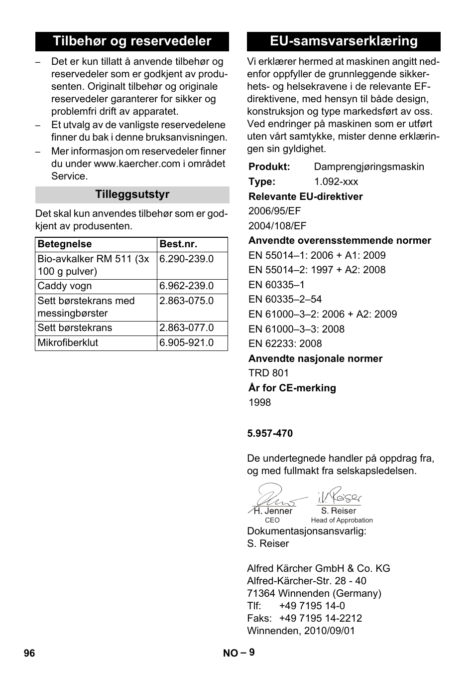 Tilbehør og reservedeler, Eu-samsvarserklæring | Karcher DE 4002 EU User Manual | Page 96 / 254