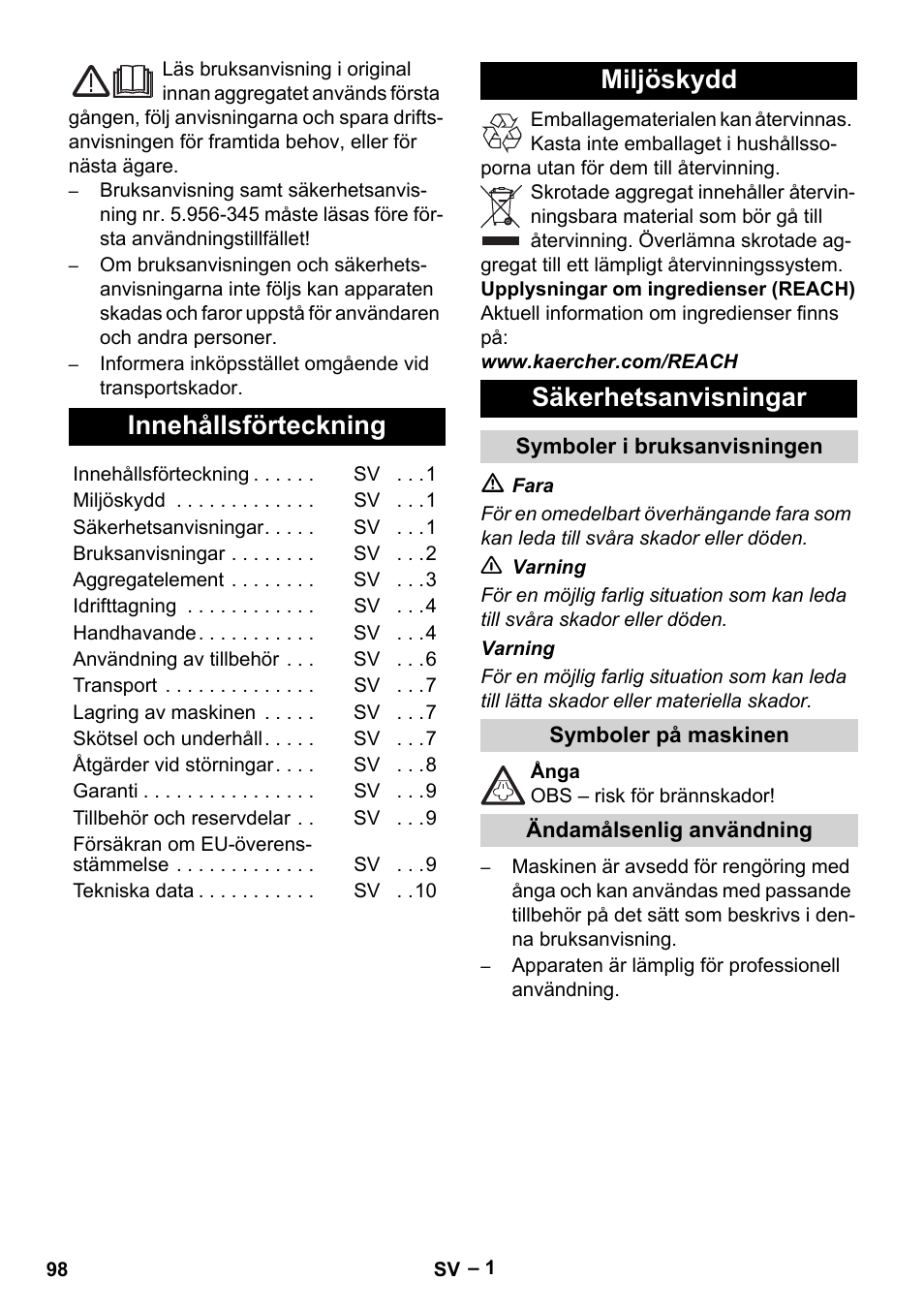 Svenska, Innehållsförteckning, Miljöskydd säkerhetsanvisningar | Karcher DE 4002 EU User Manual | Page 98 / 254