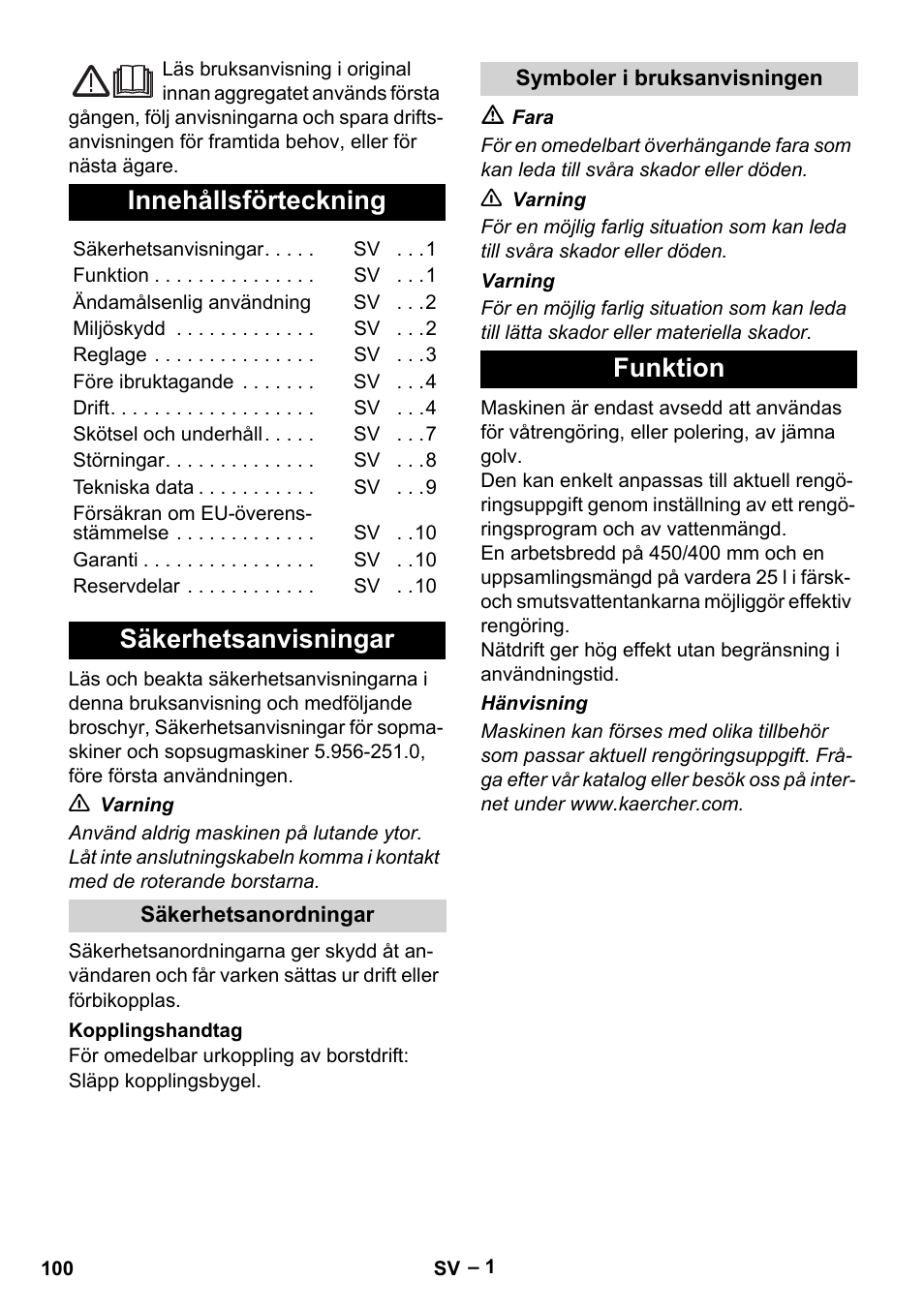 Svenska, Innehållsförteckning, Säkerhetsanvisningar | Funktion | Karcher BR 40-25 C Ep EU User Manual | Page 100 / 288