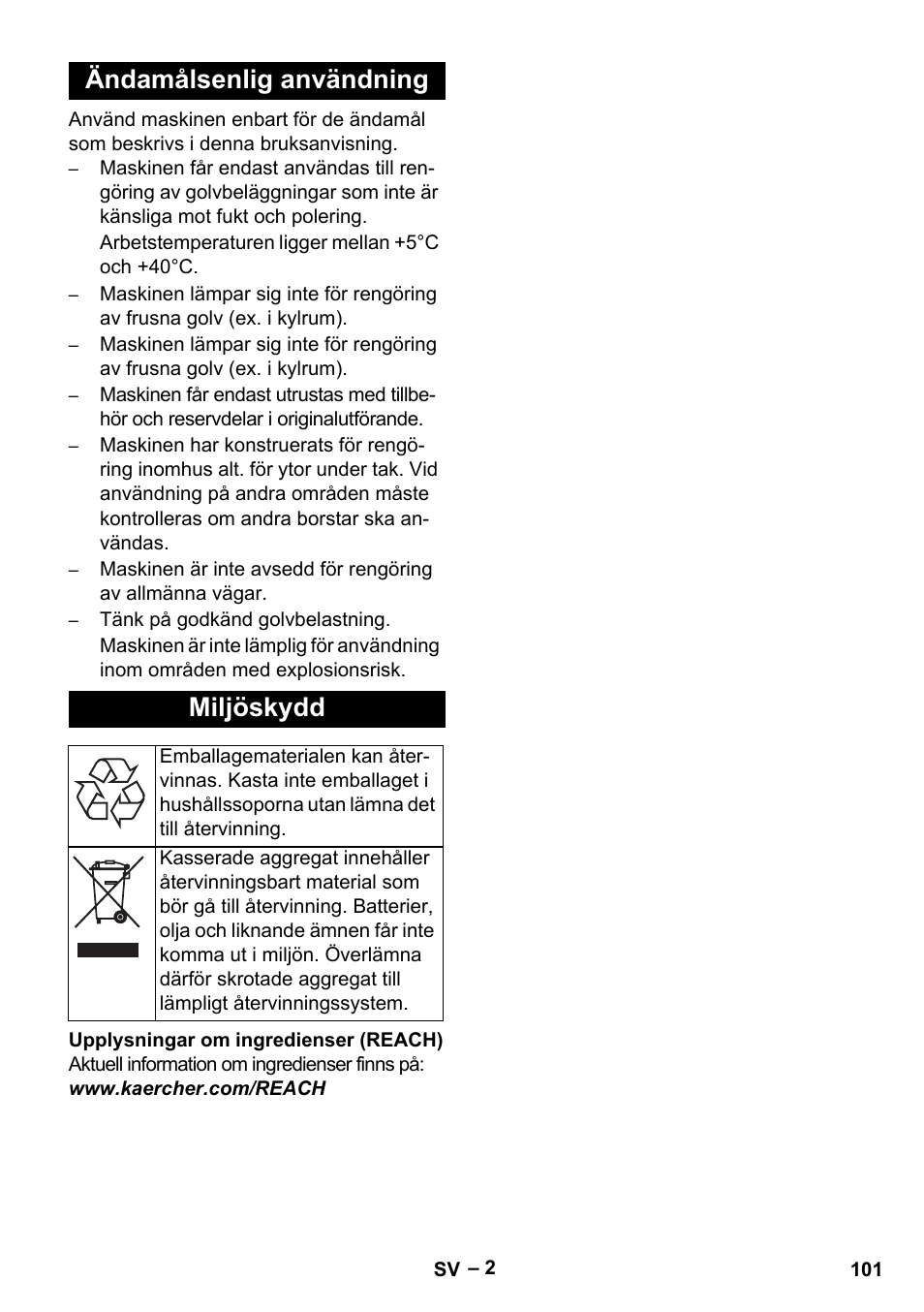 Ändamålsenlig användning miljöskydd | Karcher BR 40-25 C Ep EU User Manual | Page 101 / 288