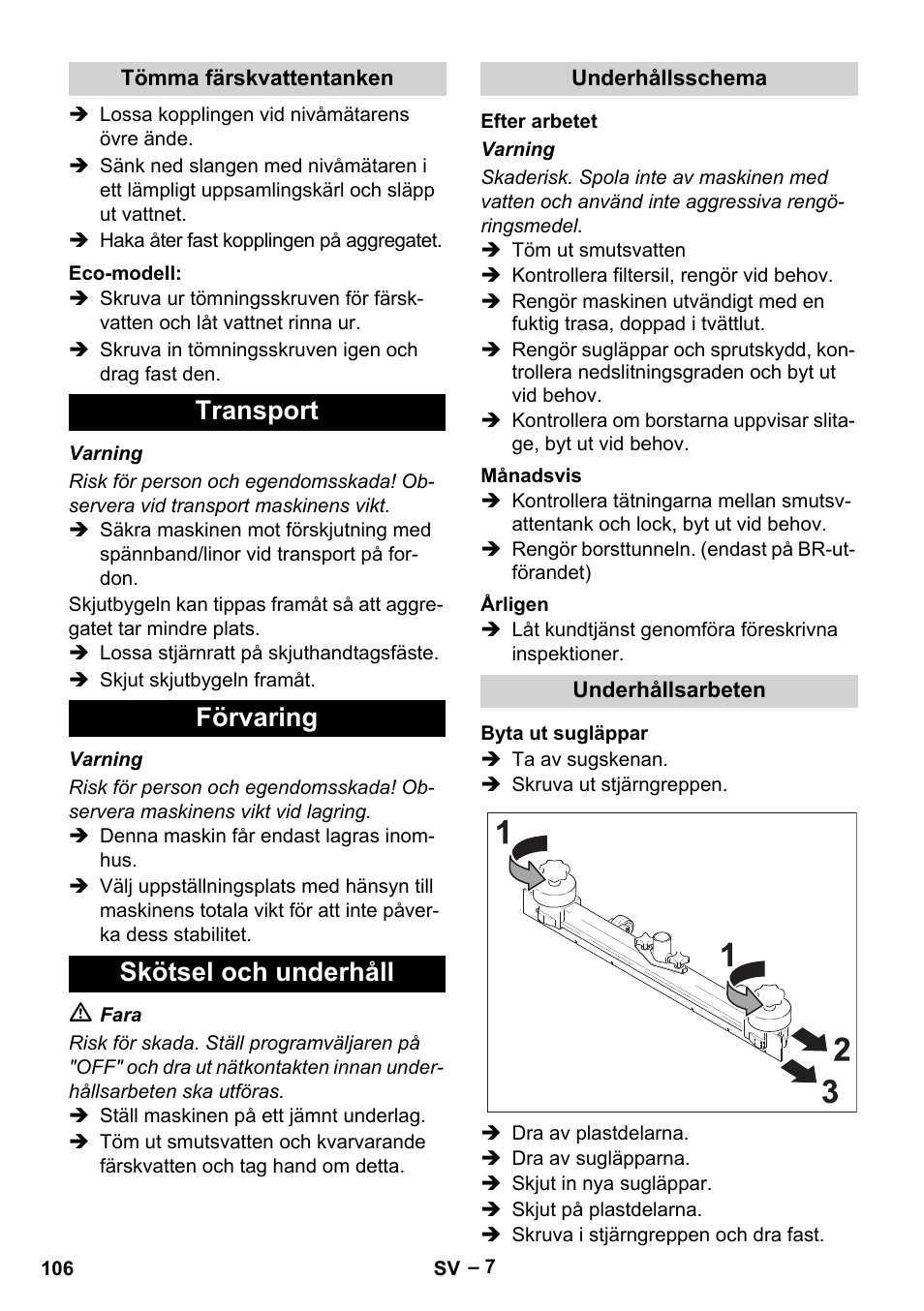 Transport förvaring skötsel och underhåll | Karcher BR 40-25 C Ep EU User Manual | Page 106 / 288