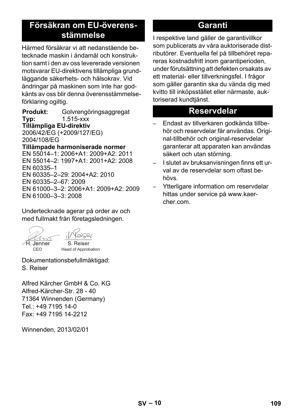 Försäkran om eu-överens- stämmelse, Garanti reservdelar | Karcher BR 40-25 C Ep EU User Manual | Page 109 / 288