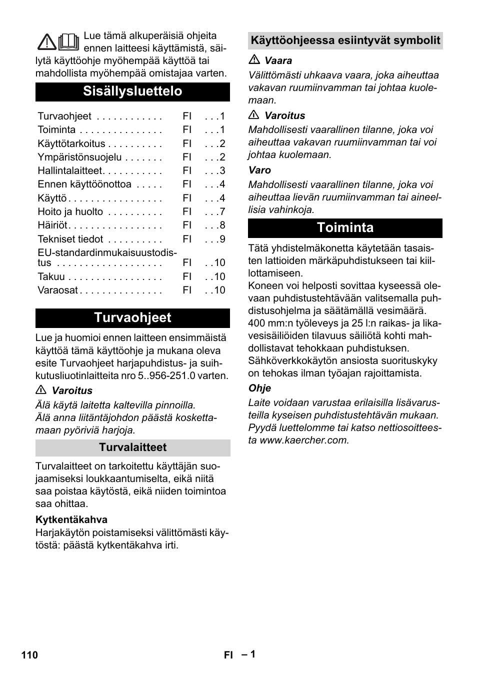 Suomi, Sisällysluettelo, Turvaohjeet | Toiminta | Karcher BR 40-25 C Ep EU User Manual | Page 110 / 288