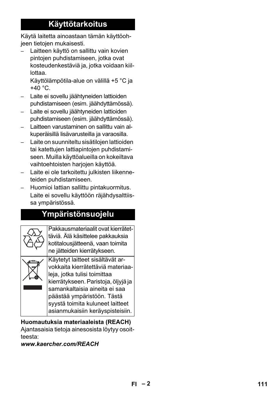 Käyttötarkoitus ympäristönsuojelu | Karcher BR 40-25 C Ep EU User Manual | Page 111 / 288