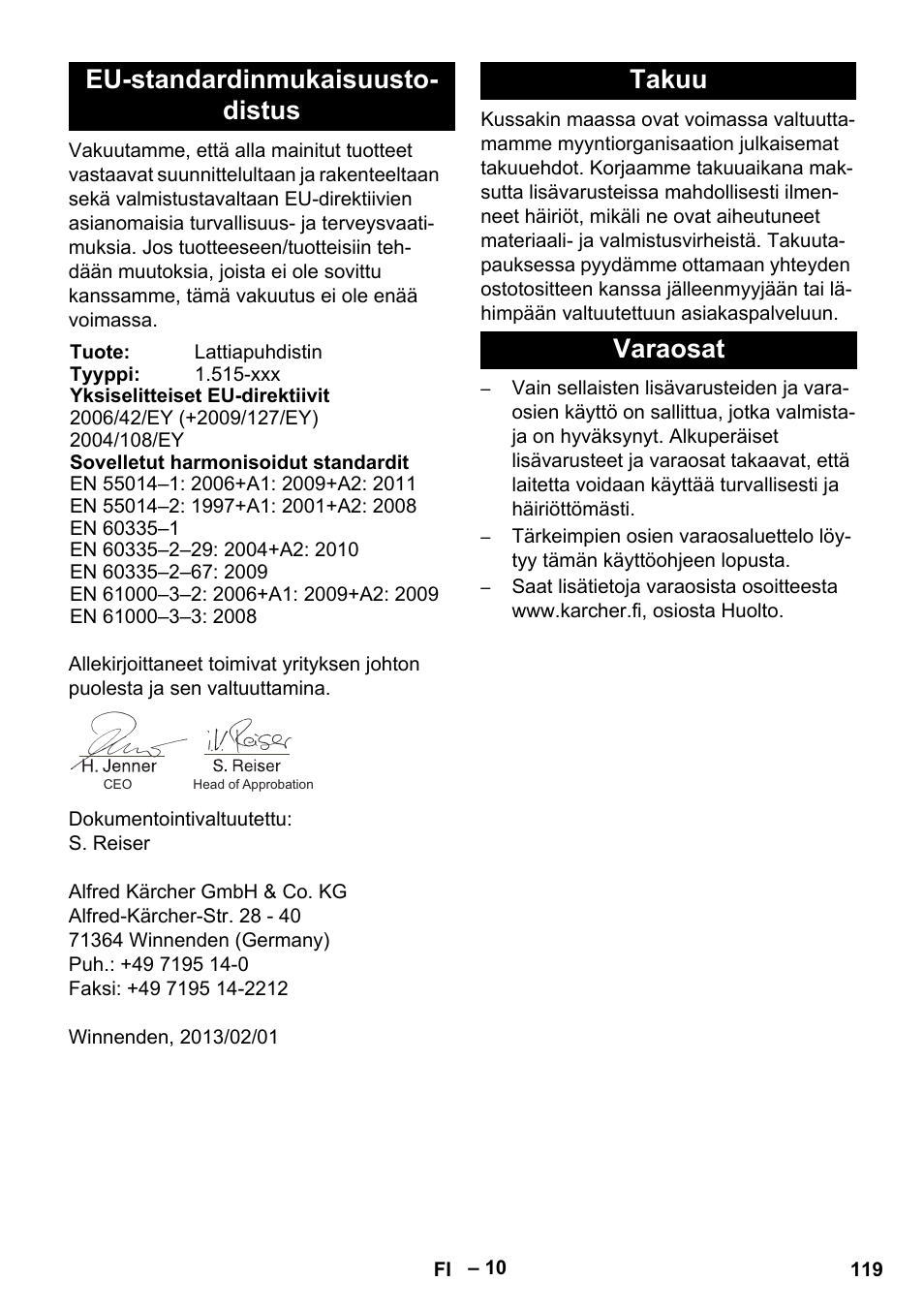 Eu-standardinmukaisuusto- distus, Takuu varaosat | Karcher BR 40-25 C Ep EU User Manual | Page 119 / 288