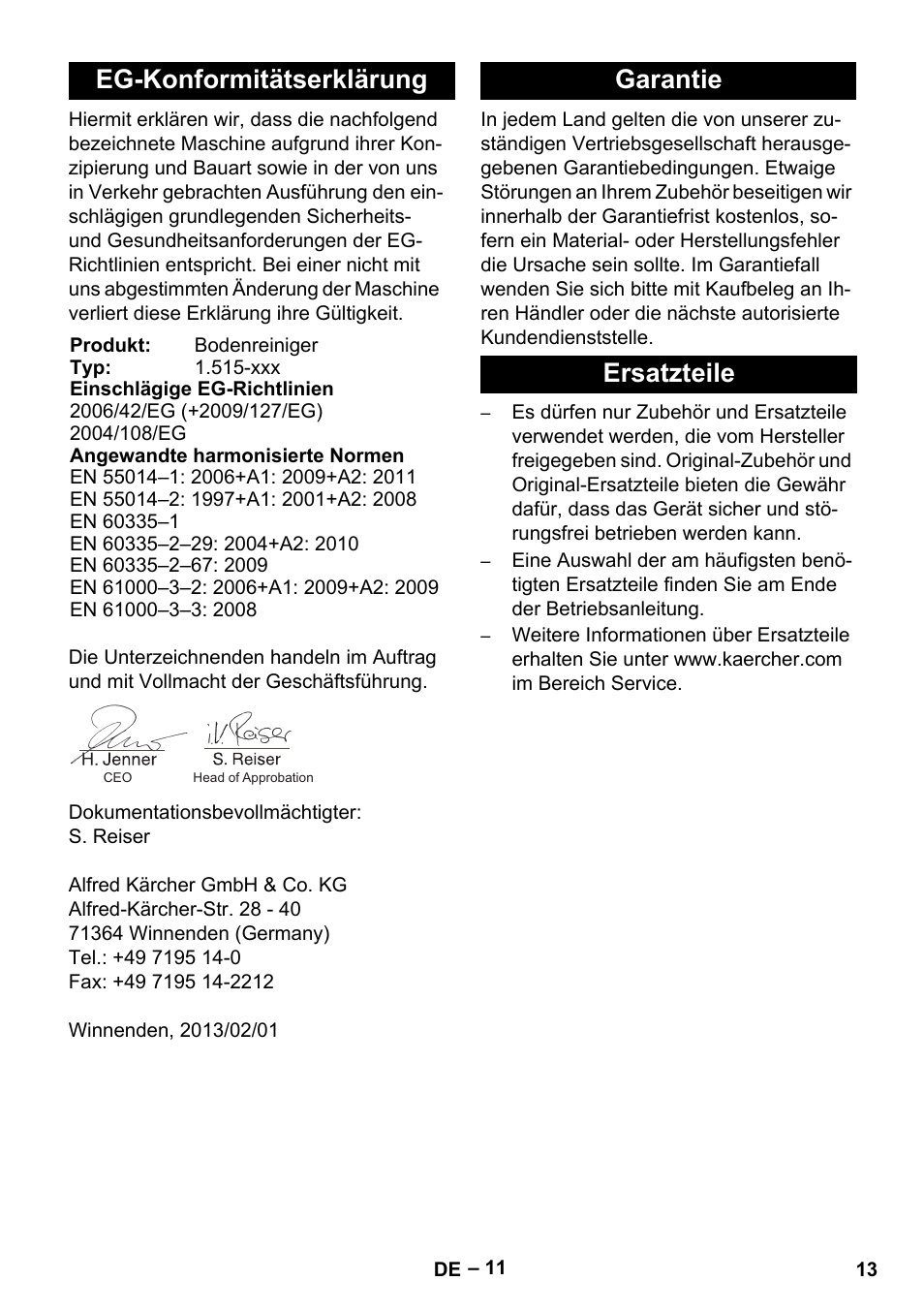 Eg-konformitätserklärung, Garantie ersatzteile | Karcher BR 40-25 C Ep EU User Manual | Page 13 / 288