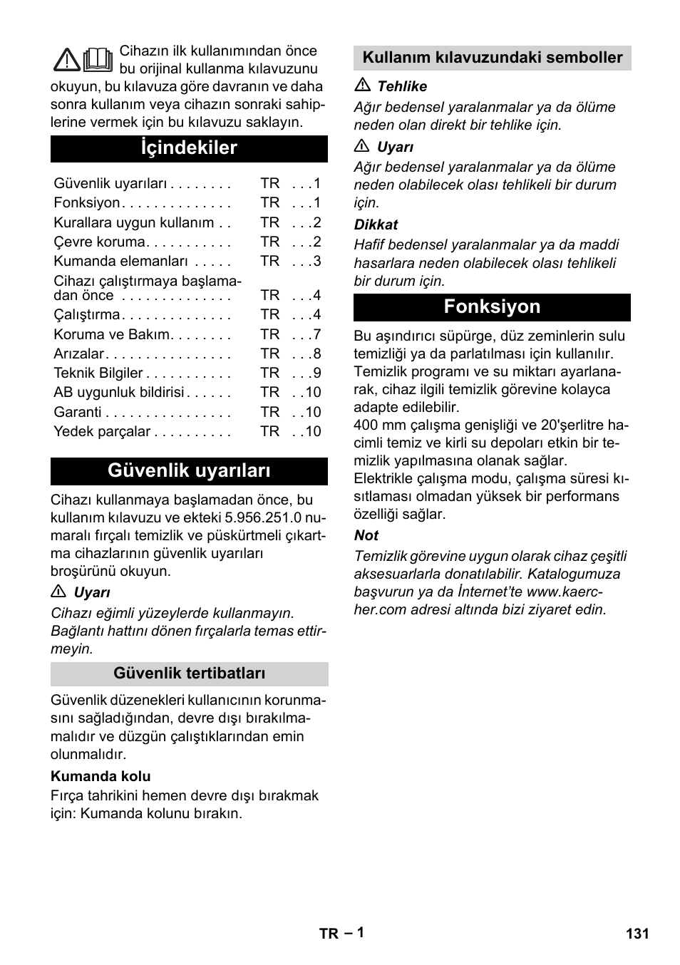 Türkçe, Içindekiler, Güvenlik uyarıları | Fonksiyon | Karcher BR 40-25 C Ep EU User Manual | Page 131 / 288