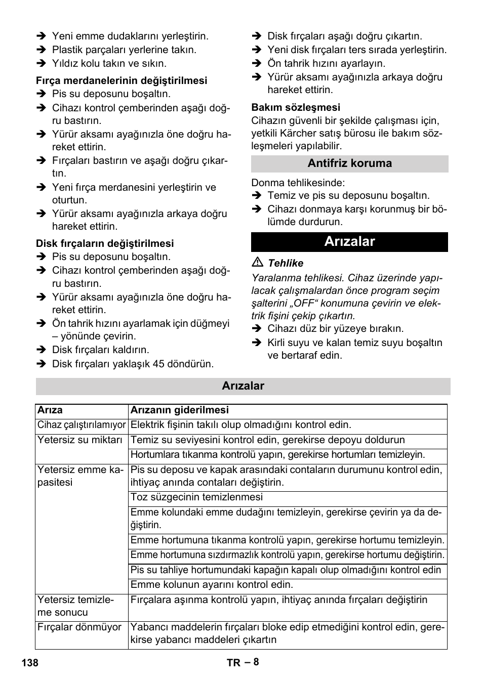 Arızalar | Karcher BR 40-25 C Ep EU User Manual | Page 138 / 288