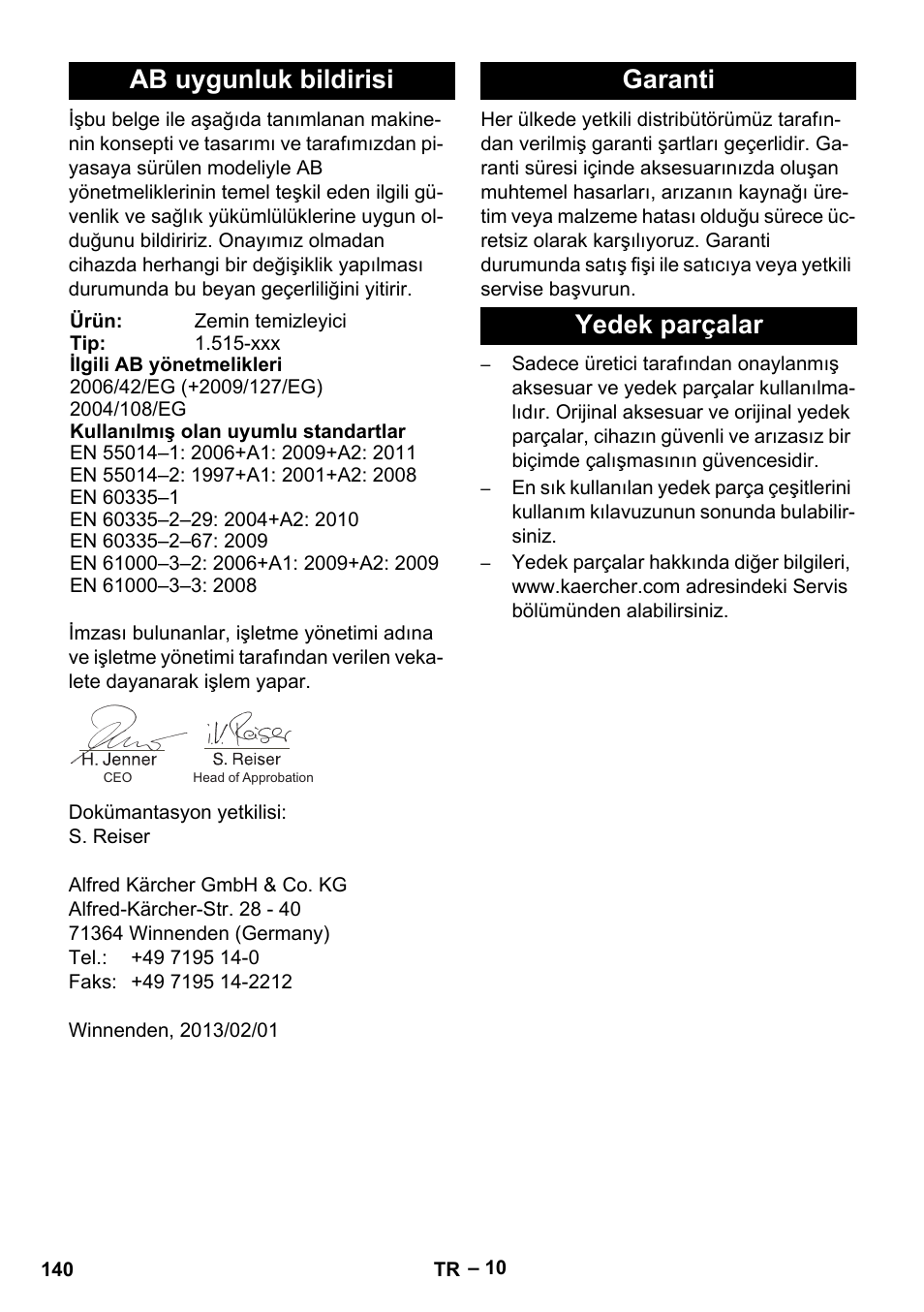 Ab uygunluk bildirisi, Garanti yedek parçalar | Karcher BR 40-25 C Ep EU User Manual | Page 140 / 288
