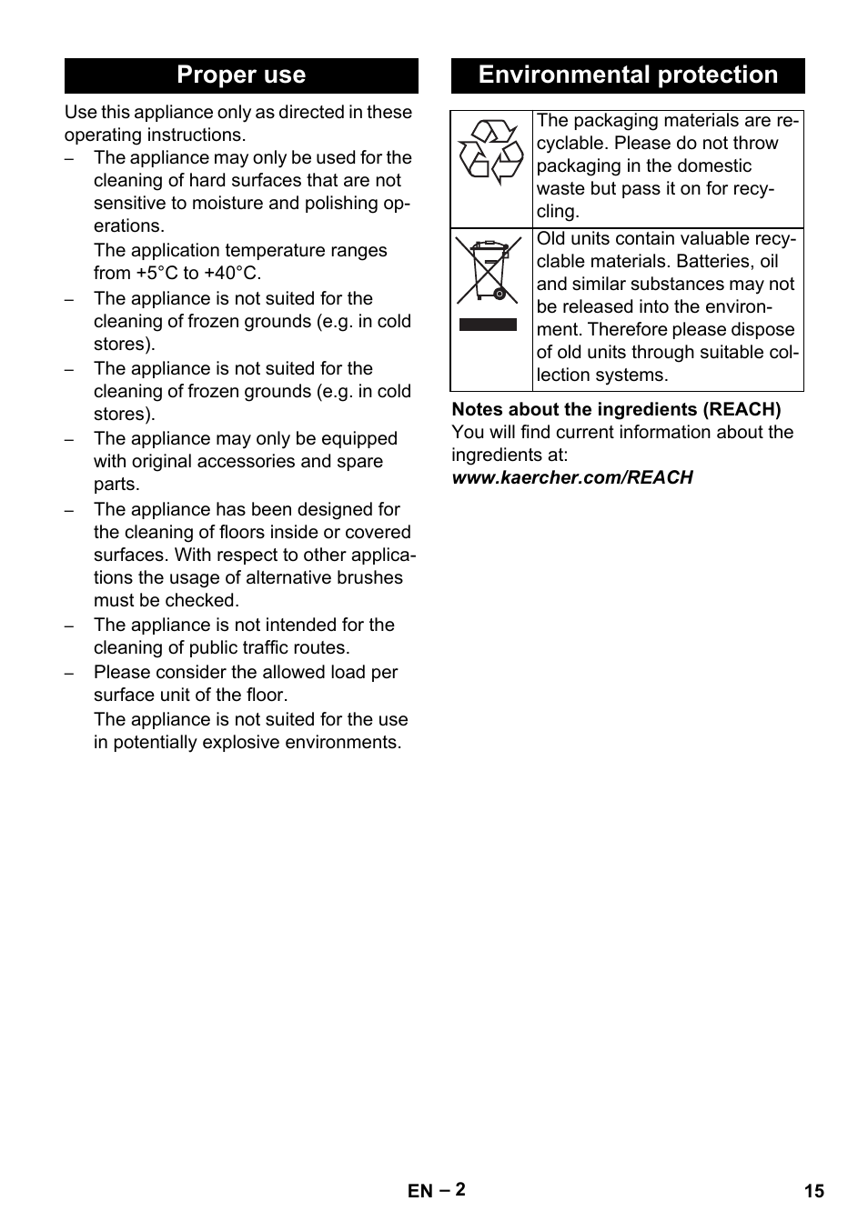 Proper use environmental protection | Karcher BR 40-25 C Ep EU User Manual | Page 15 / 288