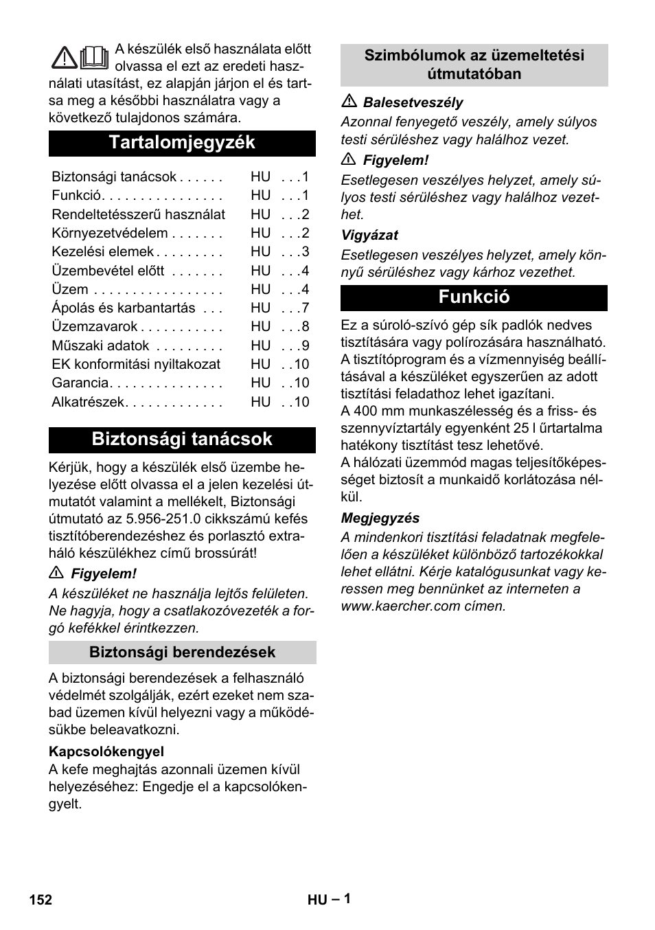 Magyar, Tartalomjegyzék, Biztonsági tanácsok | Funkció | Karcher BR 40-25 C Ep EU User Manual | Page 152 / 288