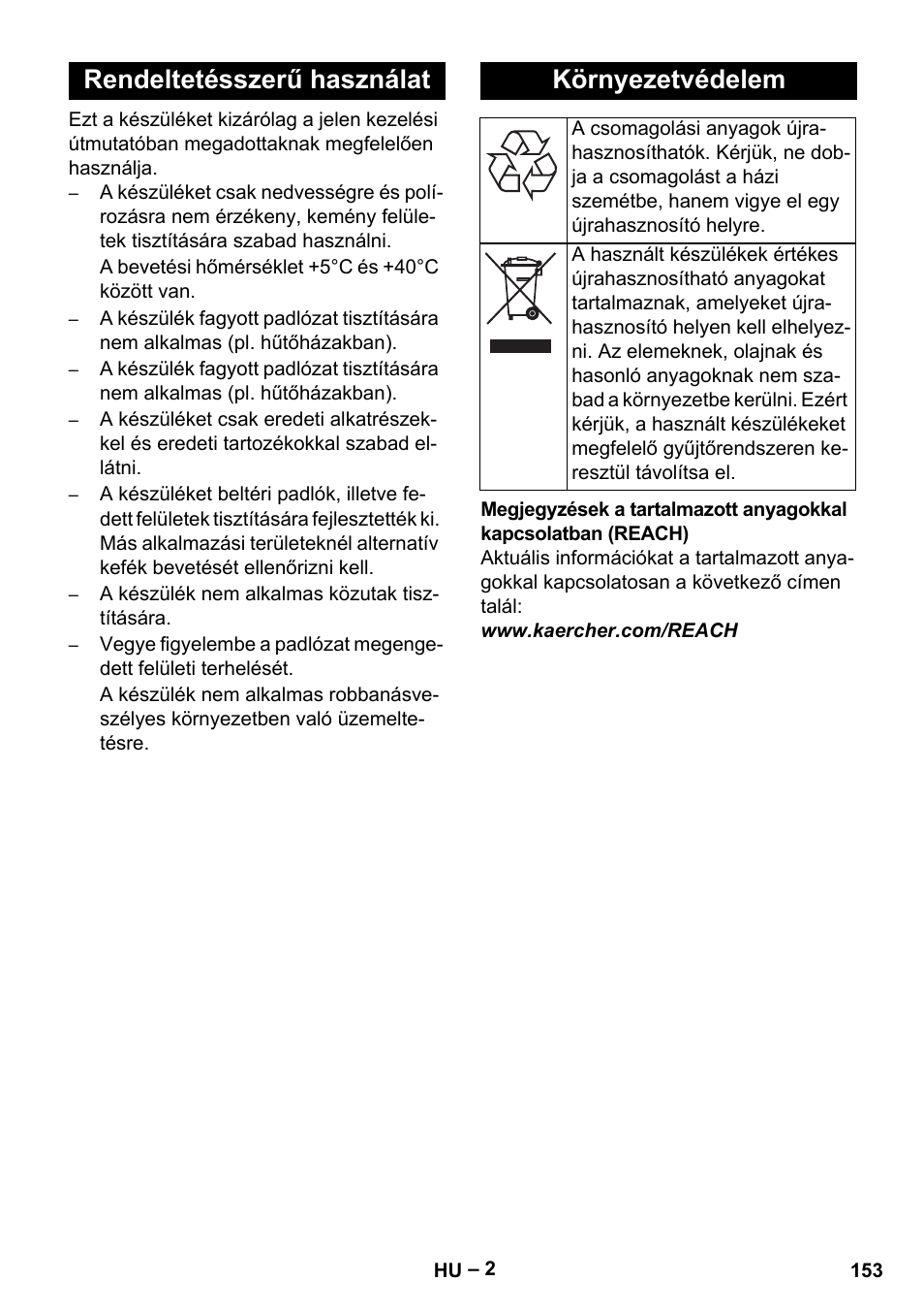 Rendeltetésszerű használat környezetvédelem | Karcher BR 40-25 C Ep EU User Manual | Page 153 / 288