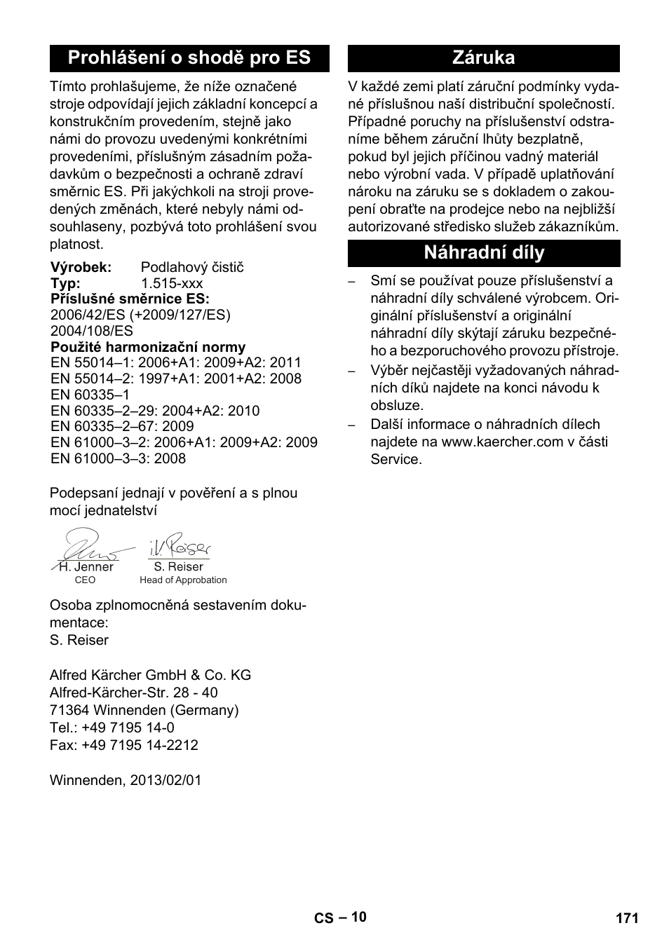 Prohlášení o shodě pro es, Záruka náhradní díly | Karcher BR 40-25 C Ep EU User Manual | Page 171 / 288