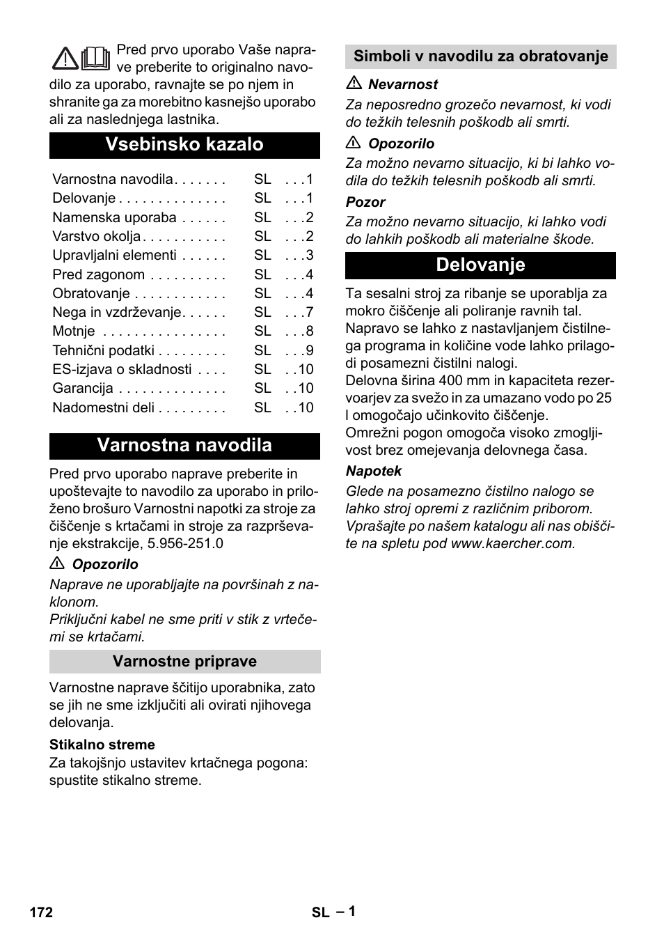 Slovenščina, Vsebinsko kazalo, Varnostna navodila | Delovanje | Karcher BR 40-25 C Ep EU User Manual | Page 172 / 288