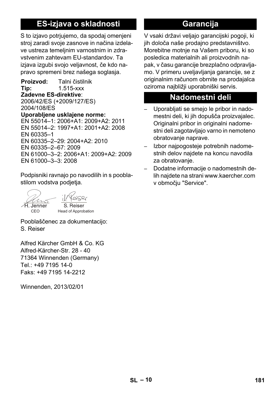 Es-izjava o skladnosti, Garancija nadomestni deli | Karcher BR 40-25 C Ep EU User Manual | Page 181 / 288