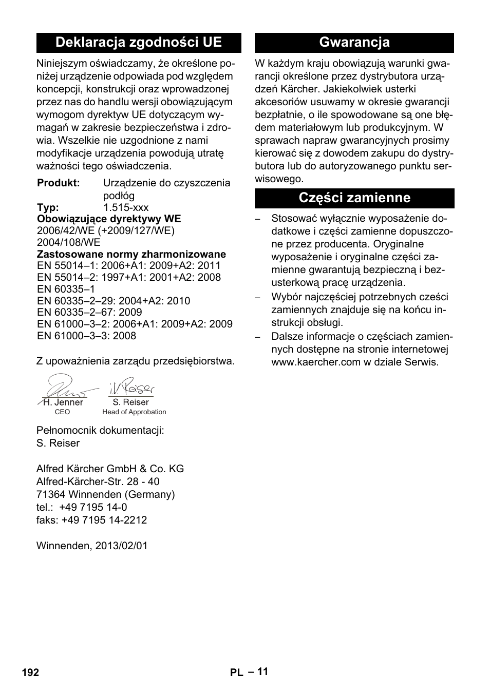 Deklaracja zgodności ue, Gwarancja części zamienne | Karcher BR 40-25 C Ep EU User Manual | Page 192 / 288