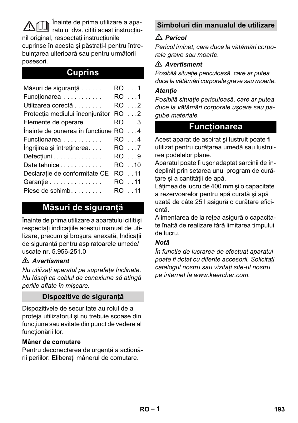 Româneşte, Cuprins, Măsuri de siguranţă | Funcţionarea | Karcher BR 40-25 C Ep EU User Manual | Page 193 / 288