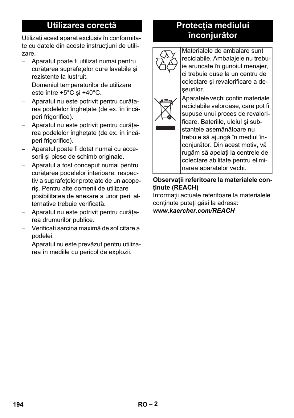 Utilizarea corectă protecţia mediului înconjurător | Karcher BR 40-25 C Ep EU User Manual | Page 194 / 288