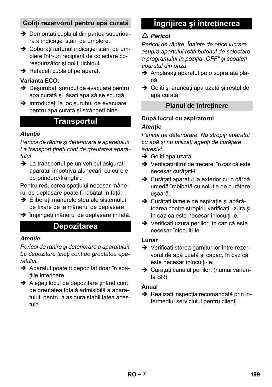 Transportul depozitarea îngrijirea şi întreţinerea | Karcher BR 40-25 C Ep EU User Manual | Page 199 / 288