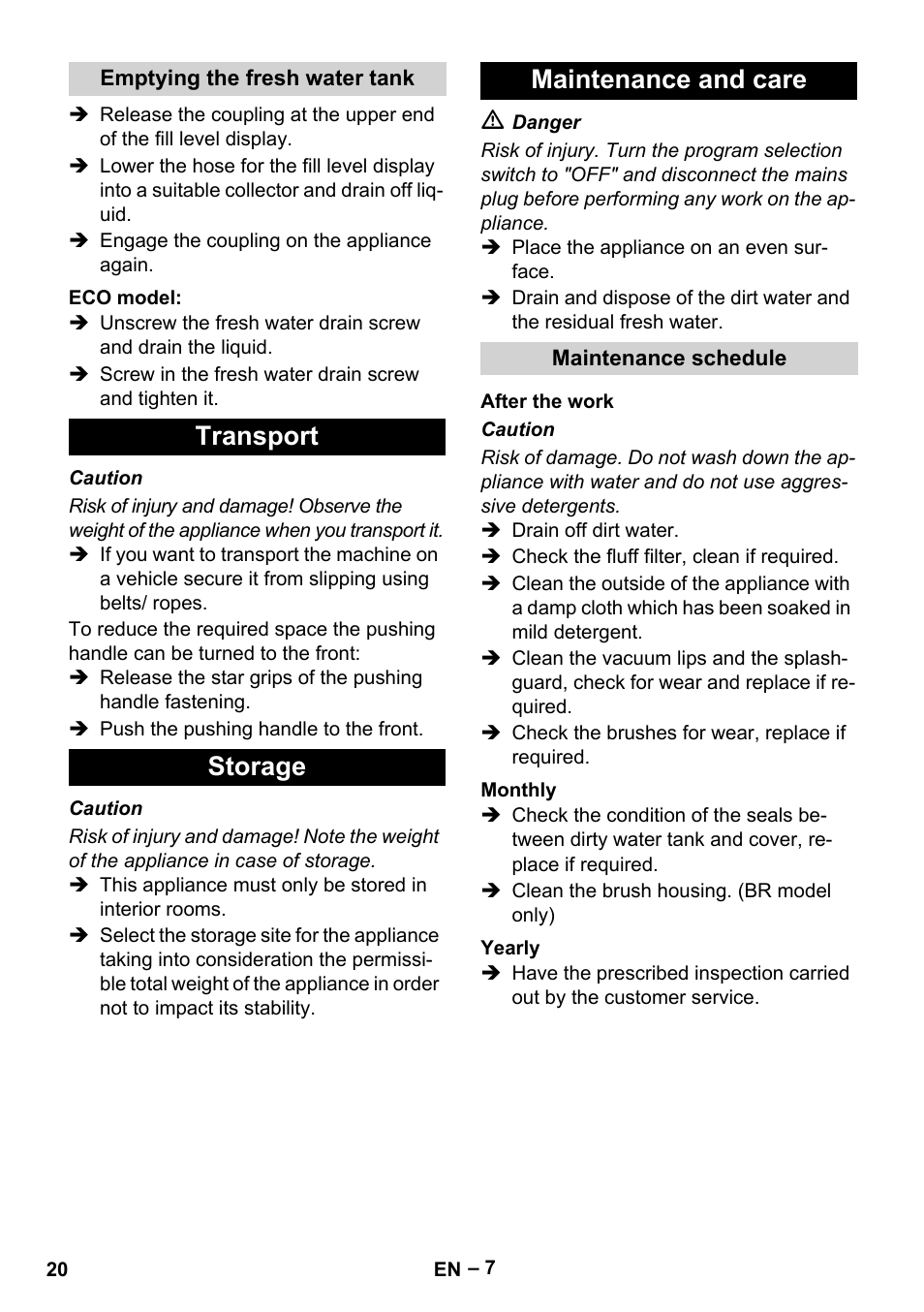 Transport storage maintenance and care | Karcher BR 40-25 C Ep EU User Manual | Page 20 / 288