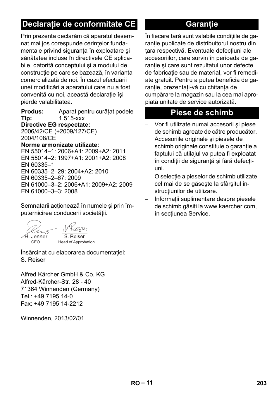 Declaraţie de conformitate ce, Garanţie piese de schimb | Karcher BR 40-25 C Ep EU User Manual | Page 203 / 288