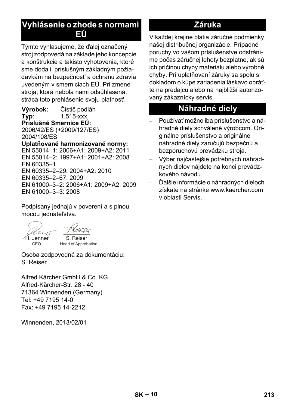 Vyhlásenie o zhode s normami eú, Záruka náhradné diely | Karcher BR 40-25 C Ep EU User Manual | Page 213 / 288
