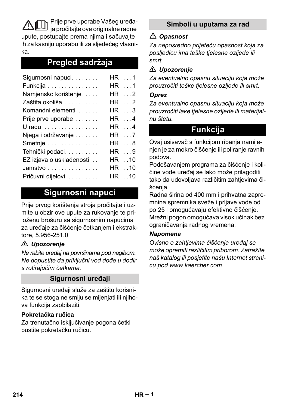 Hrvatski, Pregled sadržaja, Sigurnosni napuci | Funkcija | Karcher BR 40-25 C Ep EU User Manual | Page 214 / 288
