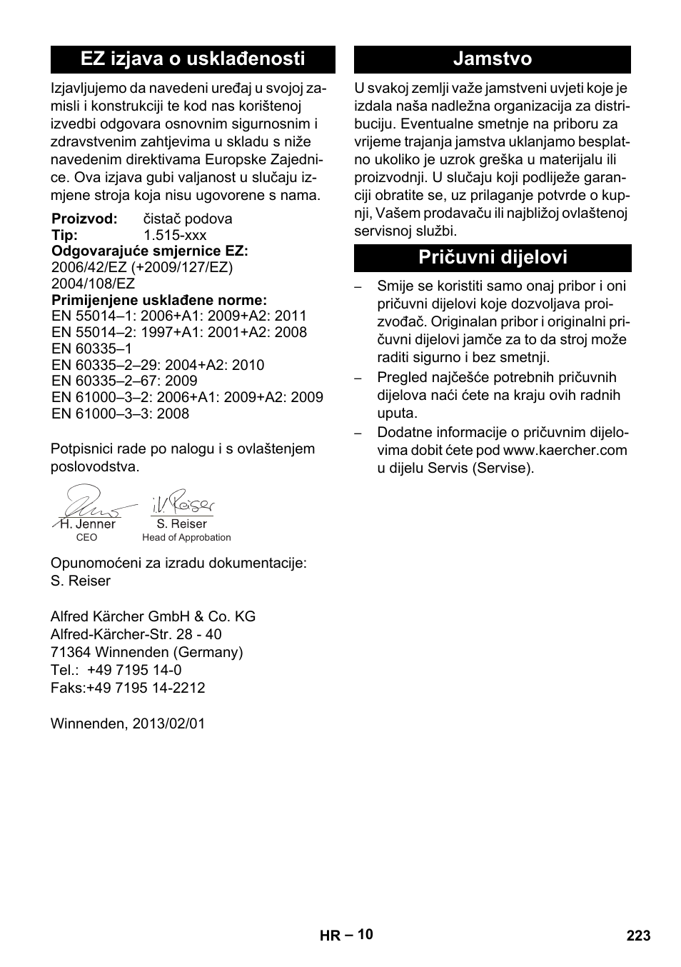Ez izjava o usklađenosti, Jamstvo pričuvni dijelovi | Karcher BR 40-25 C Ep EU User Manual | Page 223 / 288