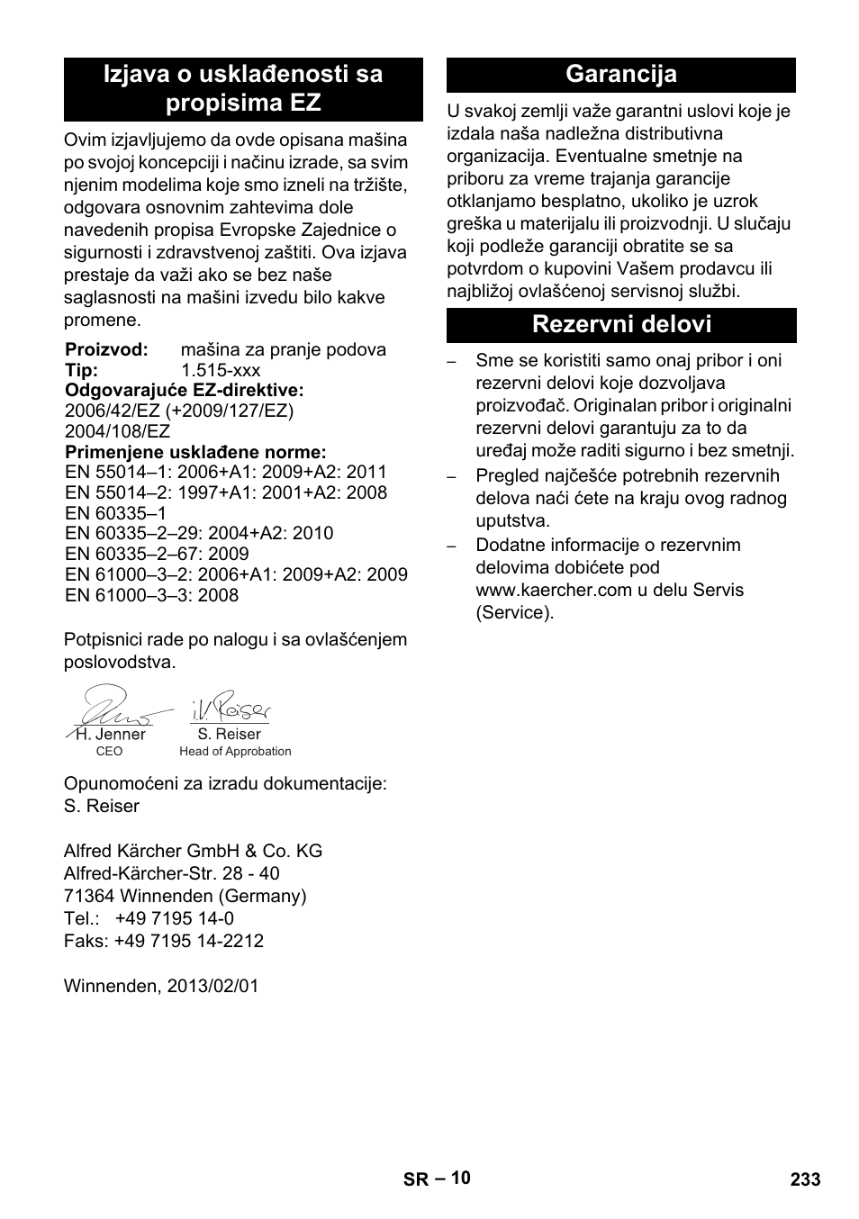 Izjava o usklađenosti sa propisima ez, Garancija rezervni delovi | Karcher BR 40-25 C Ep EU User Manual | Page 233 / 288