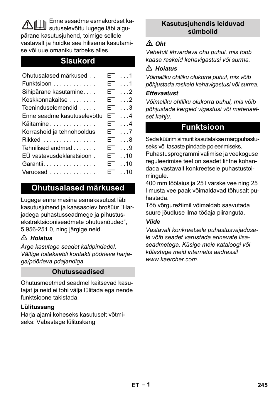 Eesti, Sisukord, Ohutusalased märkused | Funktsioon | Karcher BR 40-25 C Ep EU User Manual | Page 245 / 288