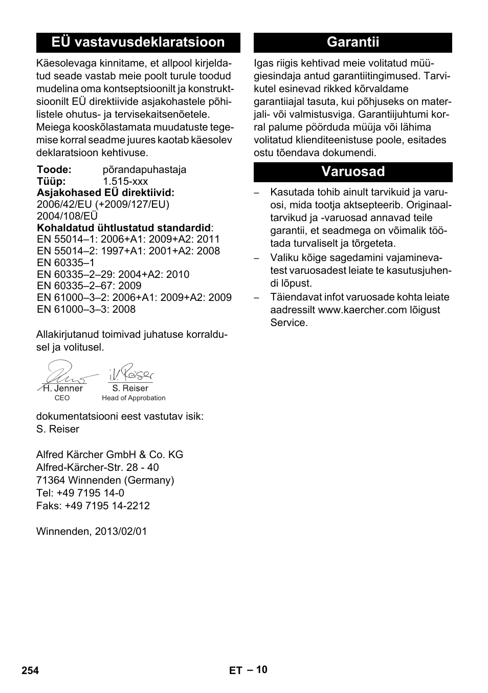 Eü vastavusdeklaratsioon, Garantii varuosad | Karcher BR 40-25 C Ep EU User Manual | Page 254 / 288