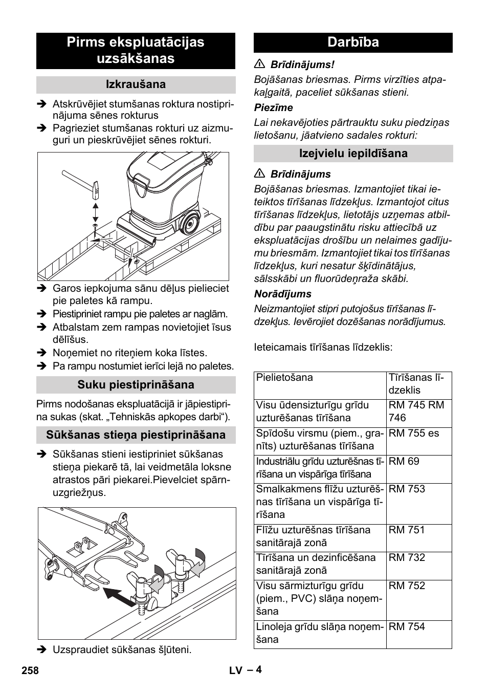 Pirms ekspluatācijas uzsākšanas, Darbība | Karcher BR 40-25 C Ep EU User Manual | Page 258 / 288