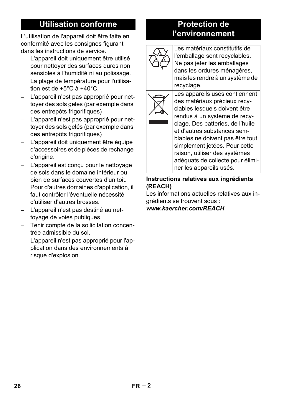 Utilisation conforme protection de l’environnement | Karcher BR 40-25 C Ep EU User Manual | Page 26 / 288