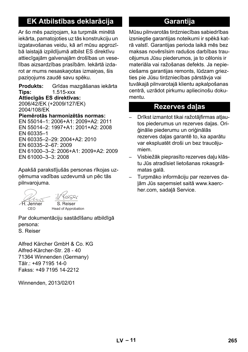 Ek atbilstības deklarācija, Garantija rezerves daļas | Karcher BR 40-25 C Ep EU User Manual | Page 265 / 288