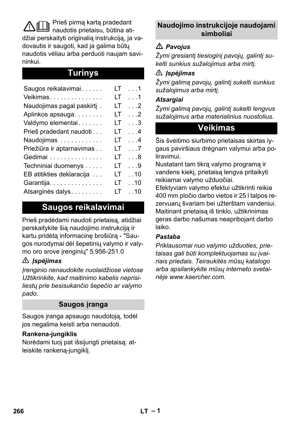 Lietuviškai, Turinys, Saugos reikalavimai | Veikimas | Karcher BR 40-25 C Ep EU User Manual | Page 266 / 288