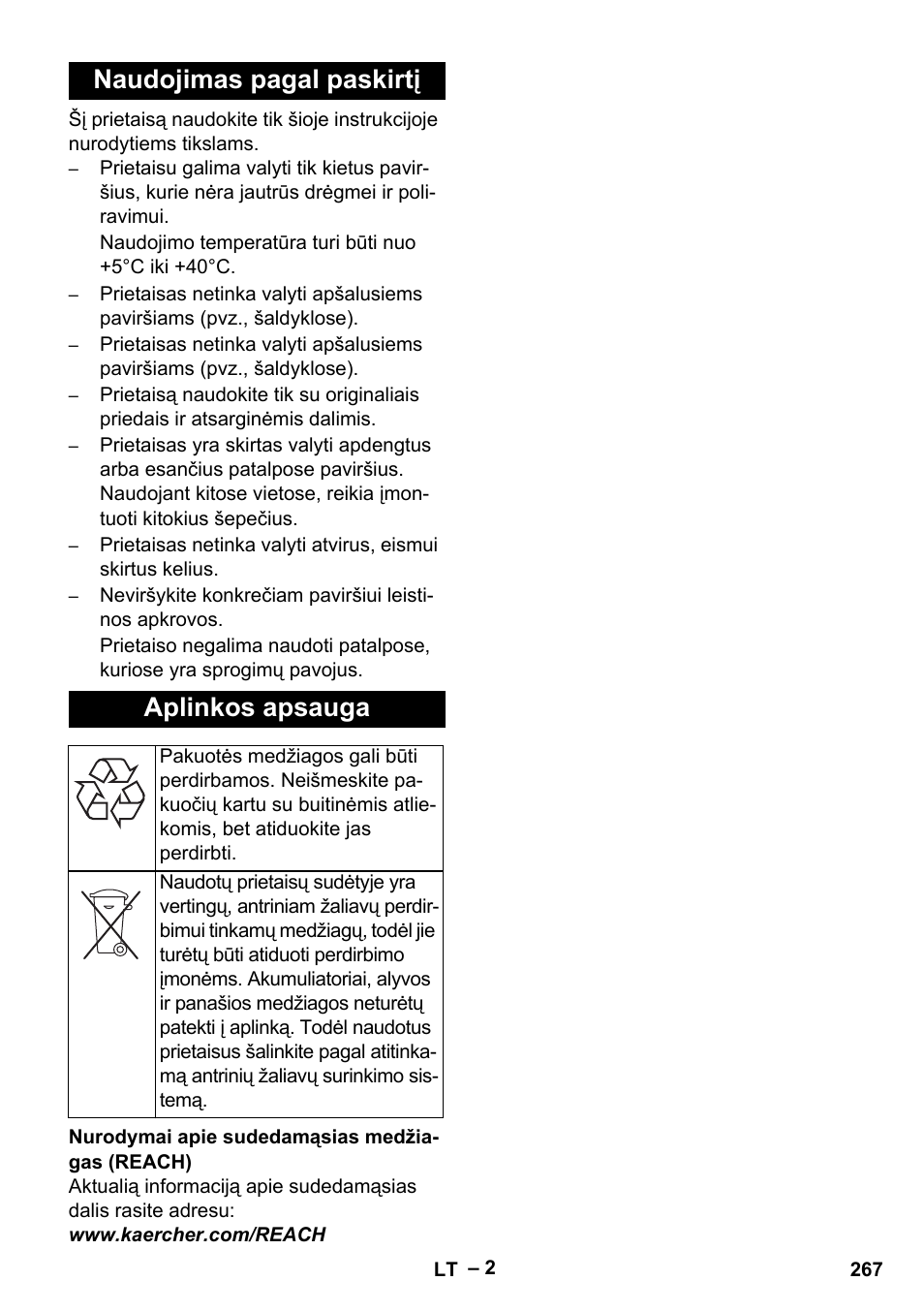 Naudojimas pagal paskirtį aplinkos apsauga | Karcher BR 40-25 C Ep EU User Manual | Page 267 / 288