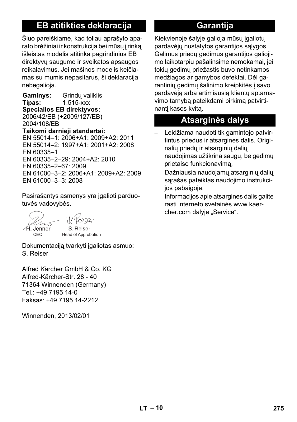 Eb atitikties deklaracija, Garantija atsarginės dalys | Karcher BR 40-25 C Ep EU User Manual | Page 275 / 288