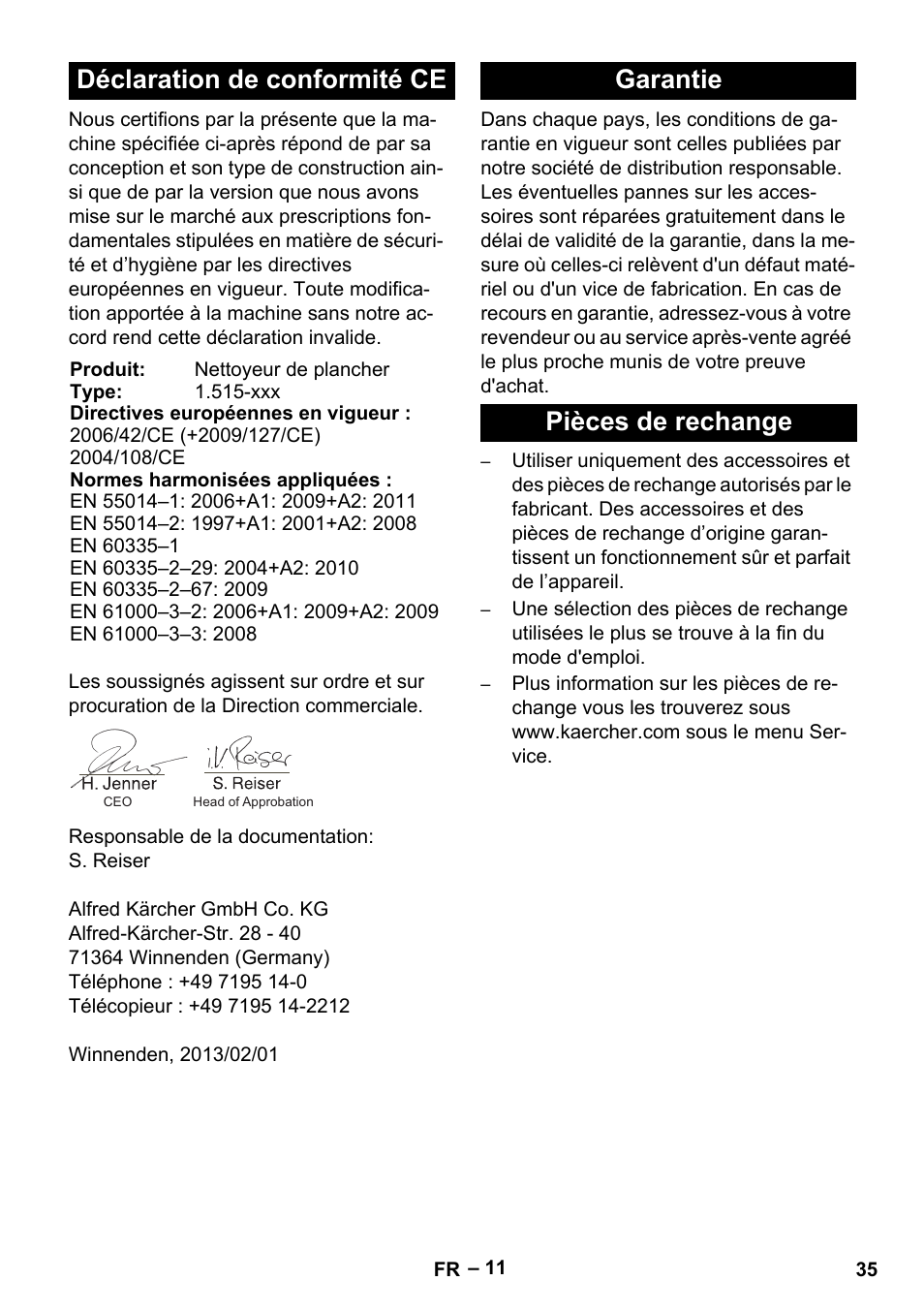 Déclaration de conformité ce, Garantie pièces de rechange | Karcher BR 40-25 C Ep EU User Manual | Page 35 / 288