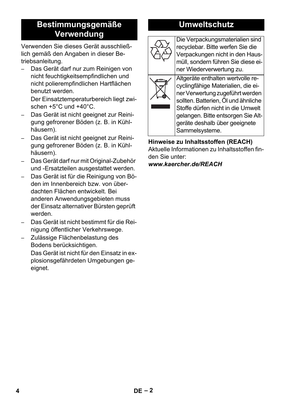 Bestimmungsgemäße verwendung umweltschutz | Karcher BR 40-25 C Ep EU User Manual | Page 4 / 288