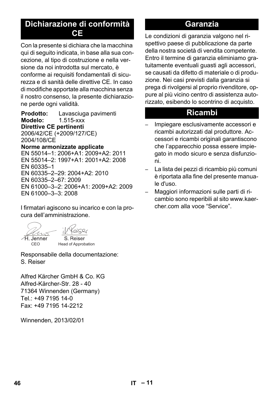 Dichiarazione di conformità ce, Garanzia ricambi | Karcher BR 40-25 C Ep EU User Manual | Page 46 / 288