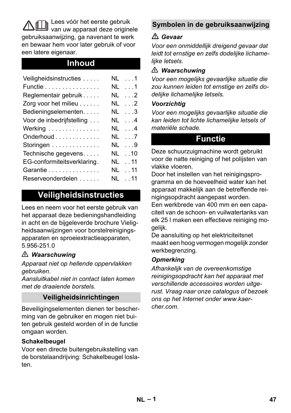 Nederlands, Inhoud, Veiligheidsinstructies | Functie | Karcher BR 40-25 C Ep EU User Manual | Page 47 / 288