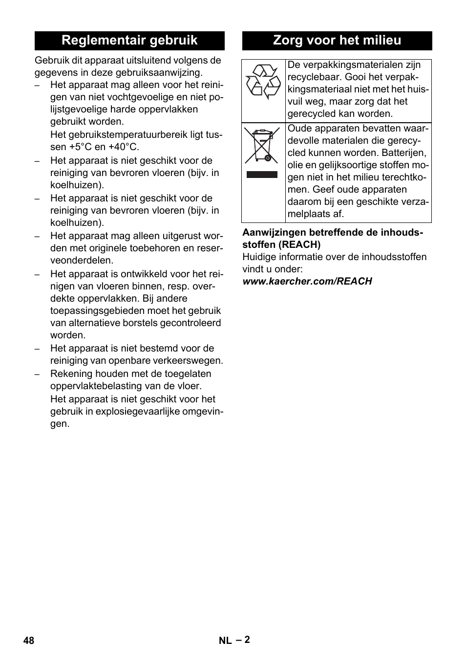 Reglementair gebruik zorg voor het milieu | Karcher BR 40-25 C Ep EU User Manual | Page 48 / 288