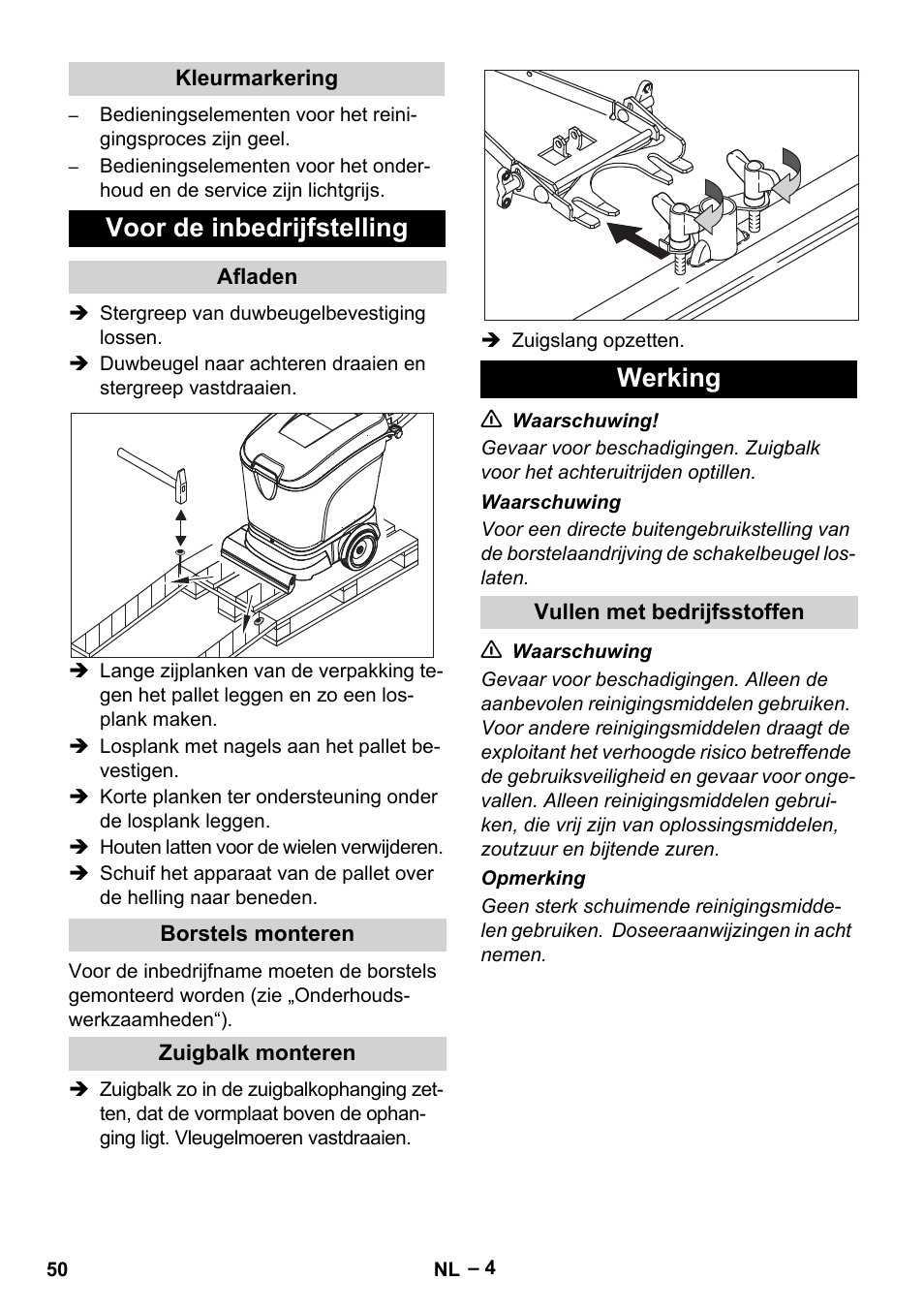 Voor de inbedrijfstelling, Werking | Karcher BR 40-25 C Ep EU User Manual | Page 50 / 288